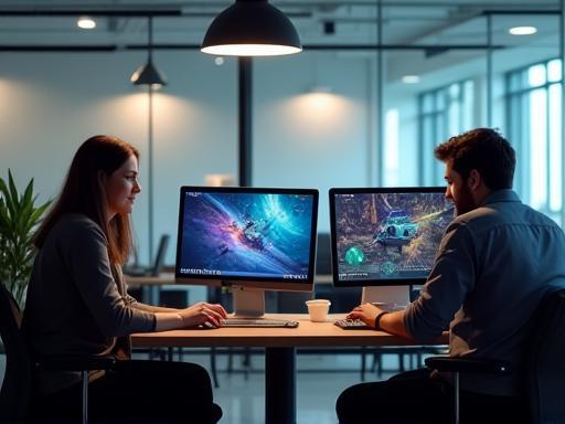 A glimpse of the creative office environment at Netraya Studios in Kuala Lumpur, showcasing a modern workspace with team members collaborating.
